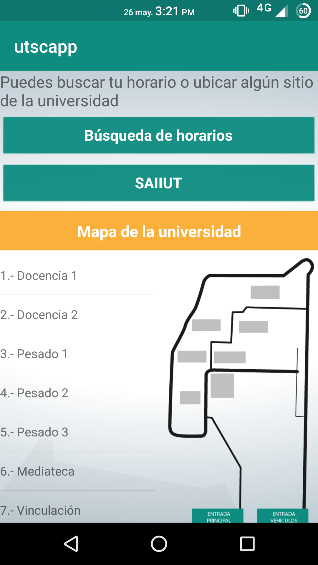 Menú principal de la app UTSCAPP con búsqueda de horarios y mapa de la universidad