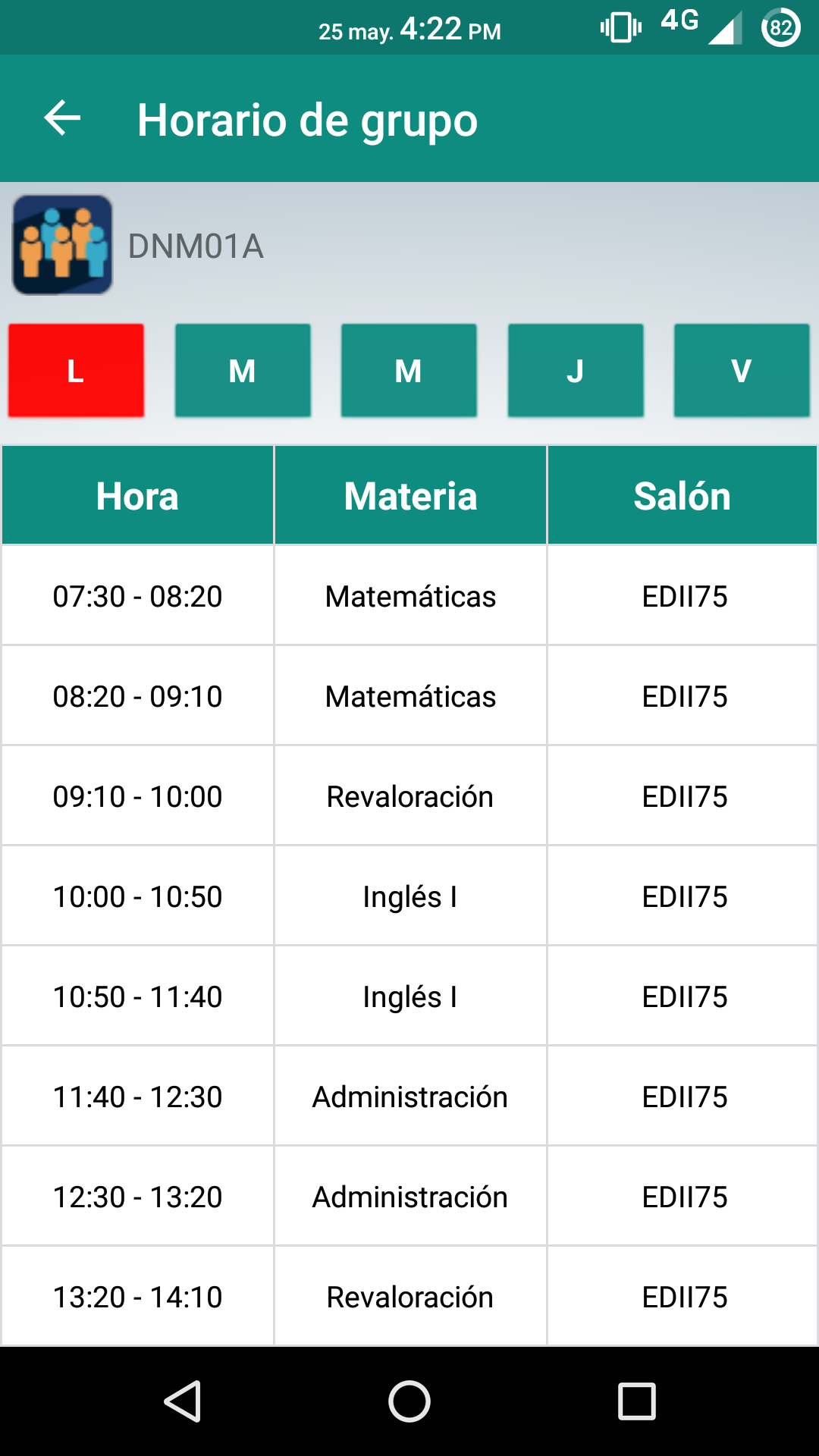 Pantalla de la app UTSCAPP con el horario de un grupo