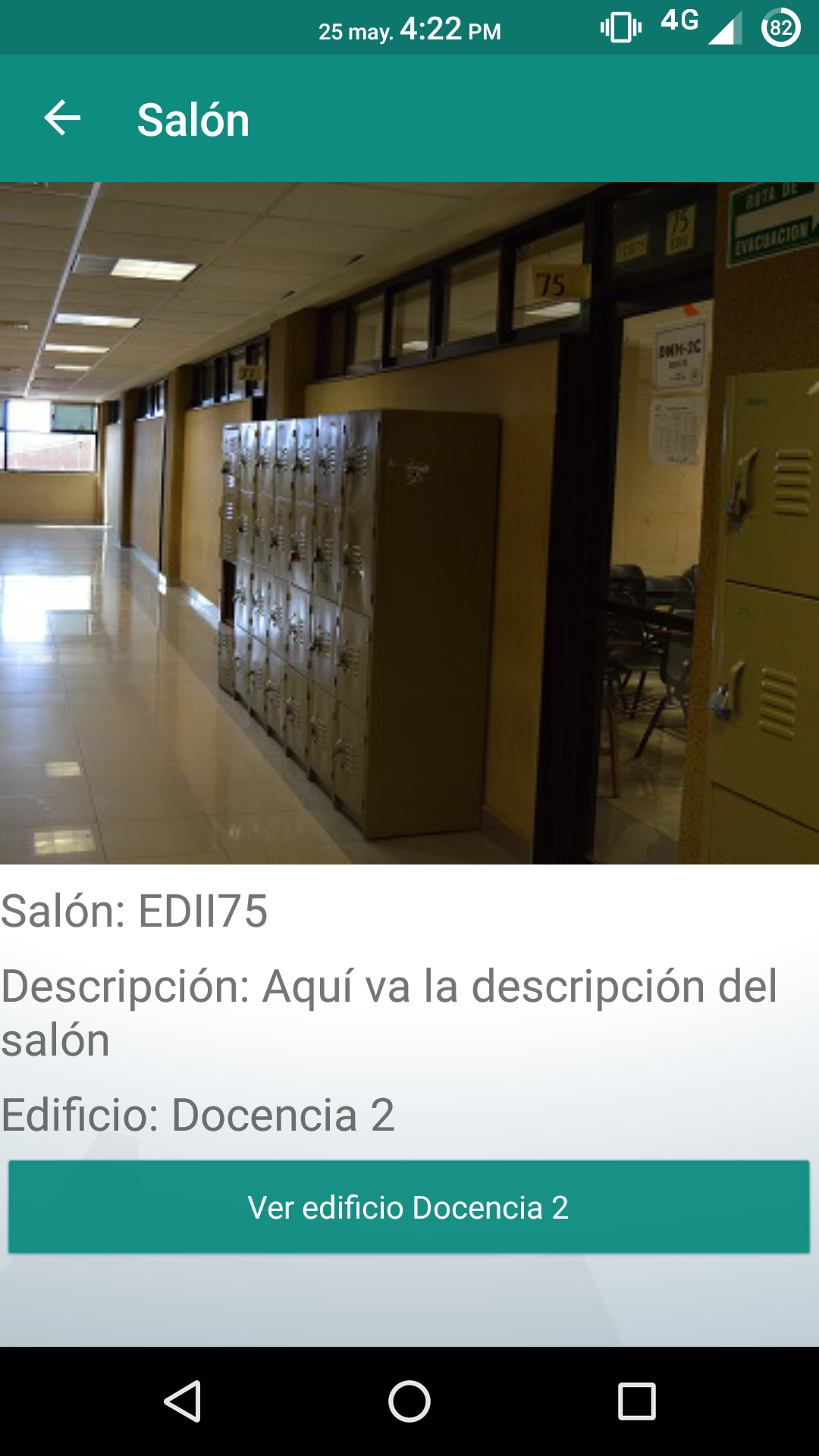 Pantalla de la app UTSCAPP con la información del salón y edificio